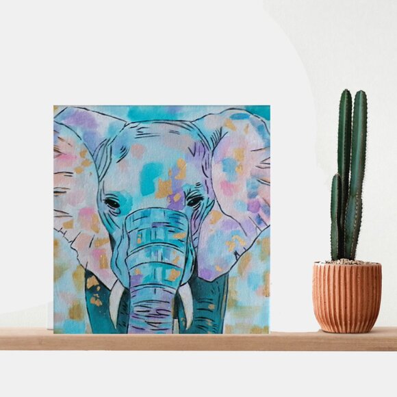 Original Painting Elephant Mixed Media Gold Leaf Abstract Realism Wall Art Decor - Picture 2 of 2